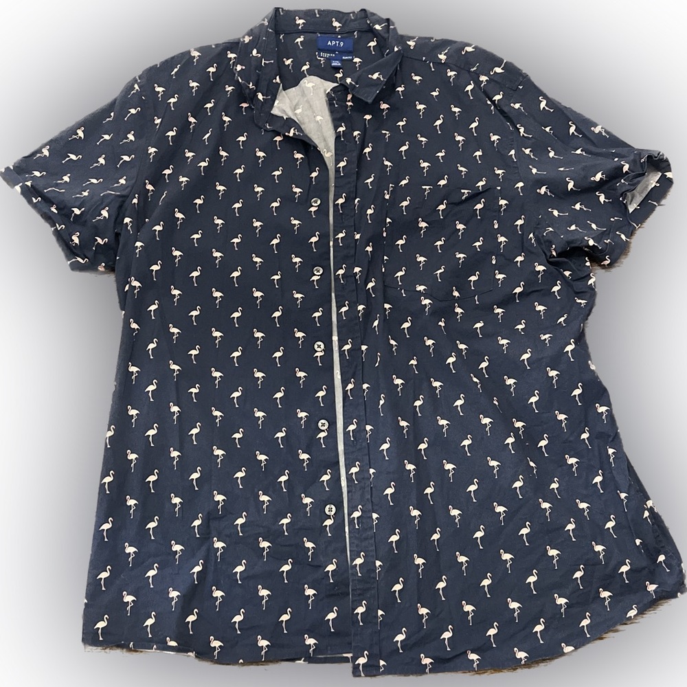 Apt 9 Premier Flex Slim, XXL, dark blue casual button down w/ flamingo pattern